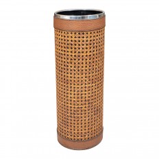 Cylindrical rattan and leather umbrella stand
